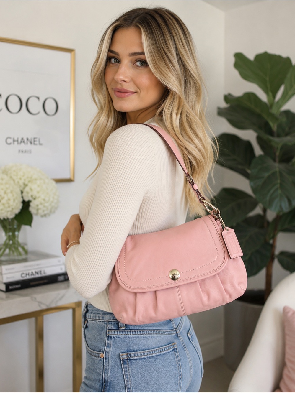 Coach Soho Pink Full Grain Leather Flap Shoulder Bag Hobo Purse Style F13729